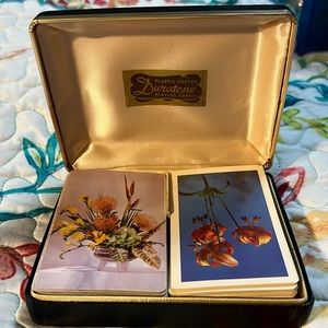 Midcentury Duratone Playing Cards in Faux Leather Hard Case 2 Decks Flowers